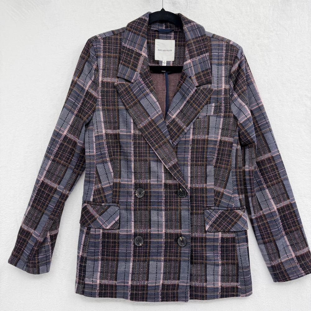 Avec Les Filles Womens Plaid Blazer‎ Small Double Breasted Navy Pink Green